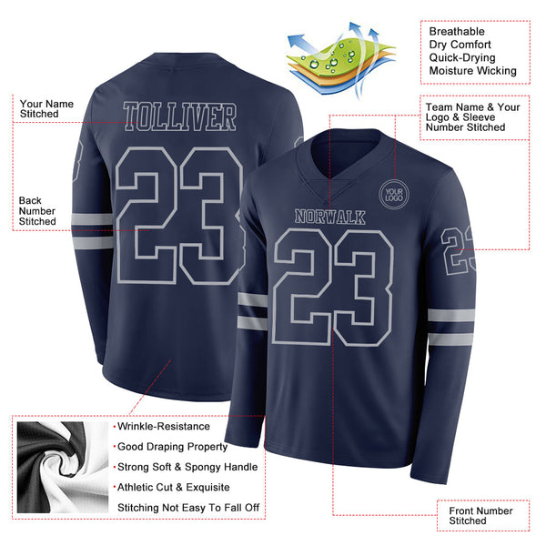 Custom Navy Gray Long Sleeve Authentic Football Jersey alternate