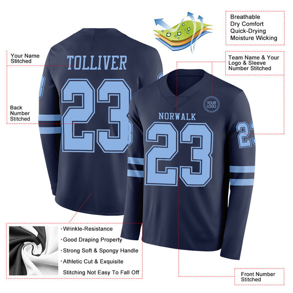 Custom Navy Light Blue Long Sleeve Authentic Football Jersey alternate