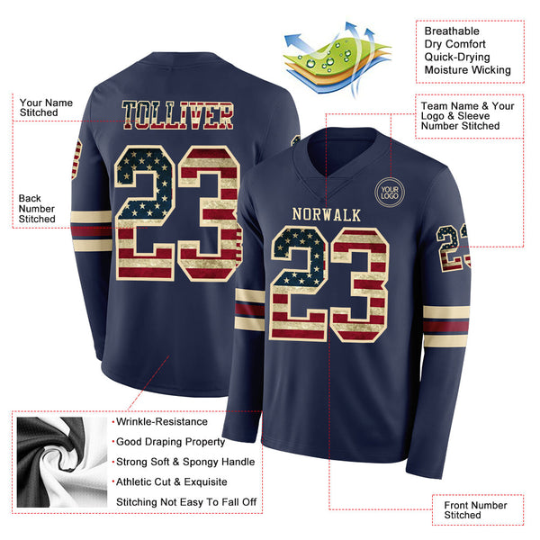 Custom Navy Vintage USA Flag Cream-Crimson Long Sleeve Authentic Football Jersey alternate