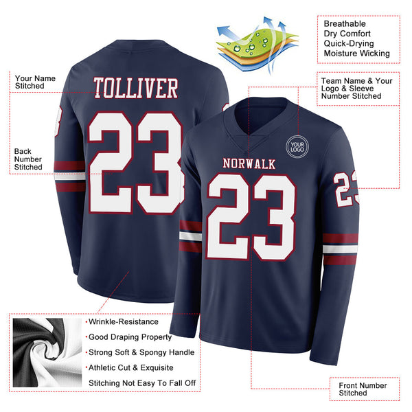 Custom Navy White-Crimson Long Sleeve Authentic Football Jersey alternate
