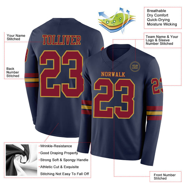 Custom Navy Crimson-Old Gold Long Sleeve Authentic Football Jersey alternate