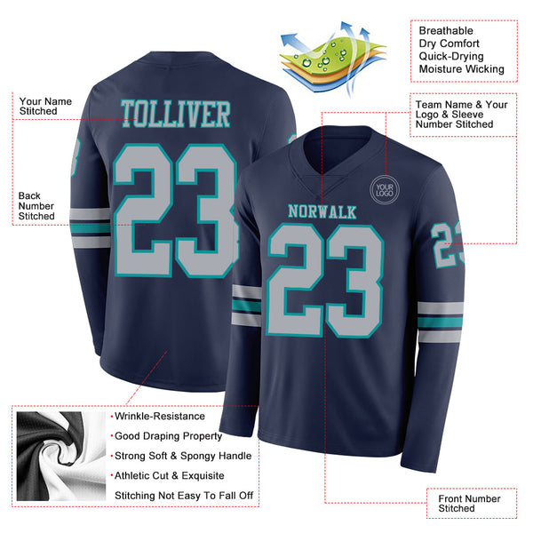 Custom Navy Gray-Teal Long Sleeve Authentic Football Jersey alternate