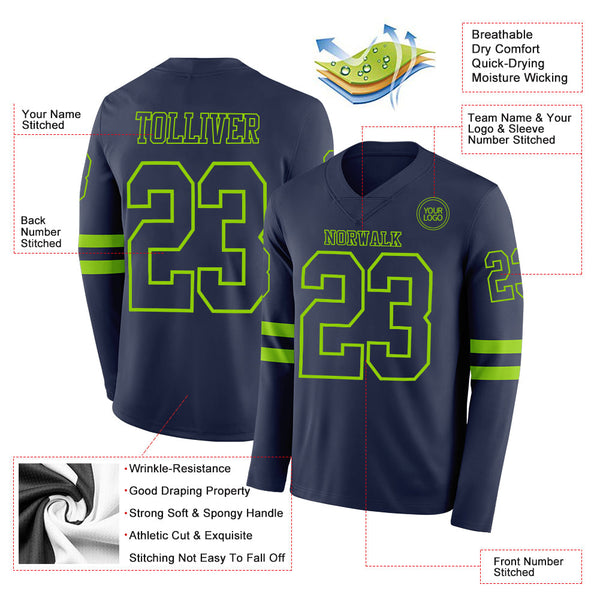 Custom Navy Neon Green Long Sleeve Authentic Football Jersey alternate