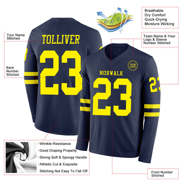 Custom Navy Light Yellow Long Sleeve Authentic Football Jersey alternate