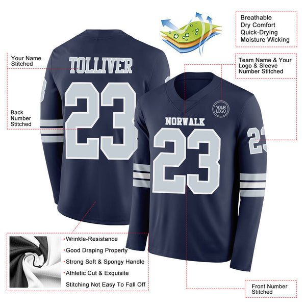 Custom Navy Silver-White Long Sleeve Authentic Football Jersey alternate
