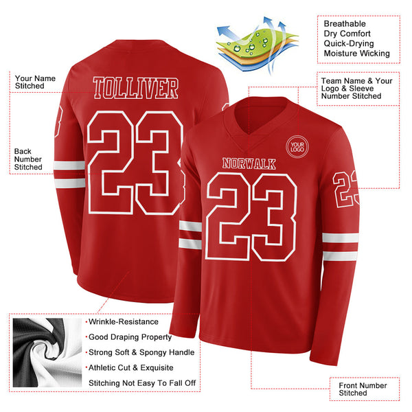 Custom Red White Long Sleeve Authentic Football Jersey alternate