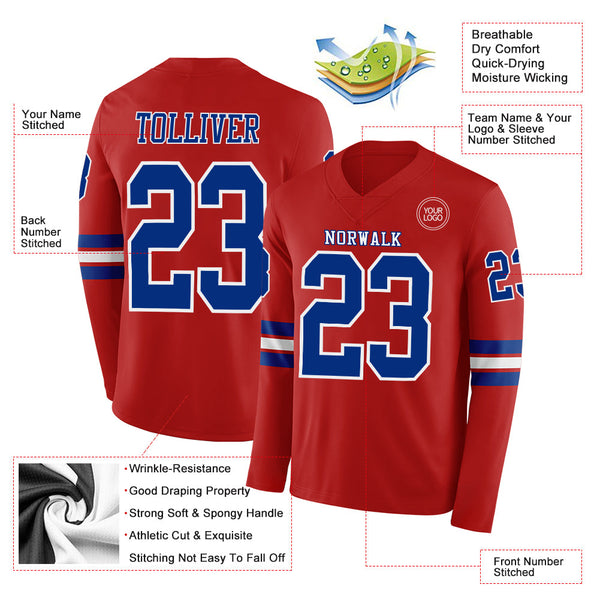 Custom Red Royal-White Long Sleeve Authentic Football Jersey alternate