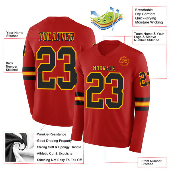 Custom Red Black-Gold Long Sleeve Authentic Football Jersey alternate