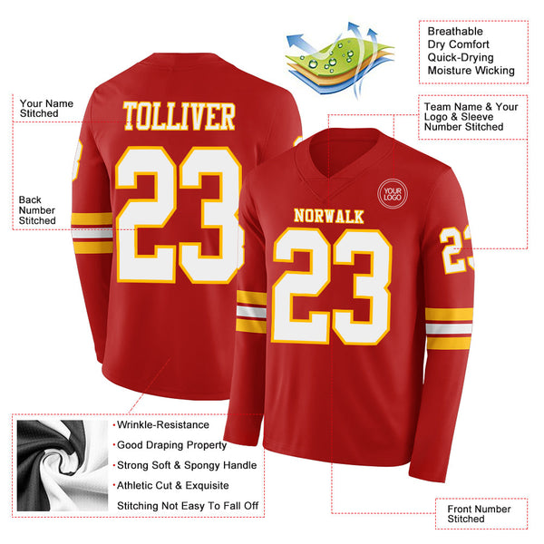 Custom Red White-Gold Long Sleeve Authentic Football Jersey alternate