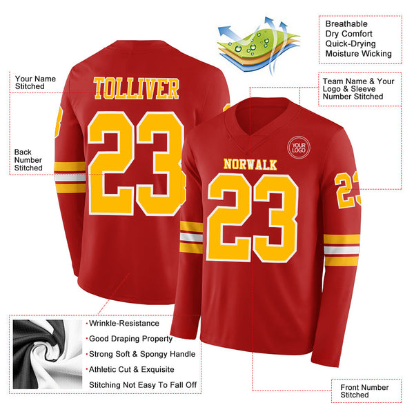 Custom Red Gold-White Long Sleeve Authentic Football Jersey alternate