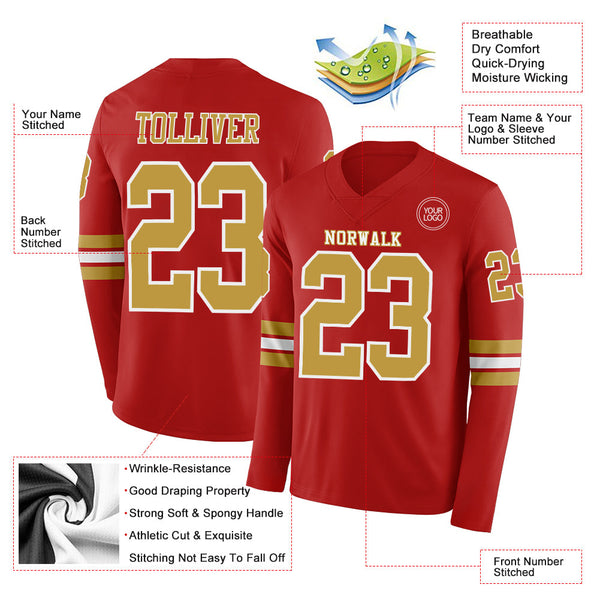 Custom Red Old Gold-White Long Sleeve Authentic Football Jersey alternate