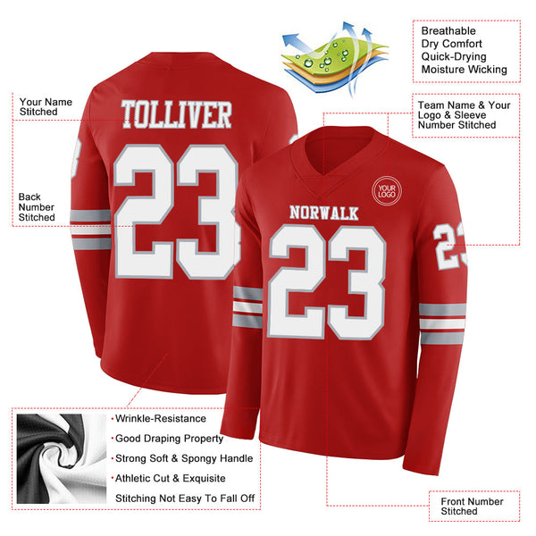 Custom Red White-Gray Long Sleeve Authentic Football Jersey alternate
