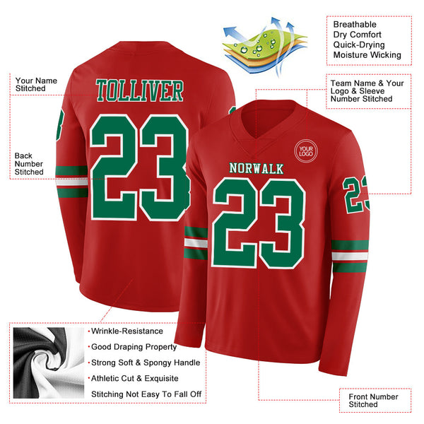 Custom Red Kelly Green-White Long Sleeve Authentic Football Jersey alternate