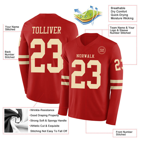 Custom Red Cream Long Sleeve Authentic Football Jersey alternate