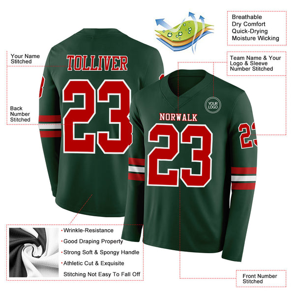 Custom Green Red-White Long Sleeve Authentic Football Jersey alternate