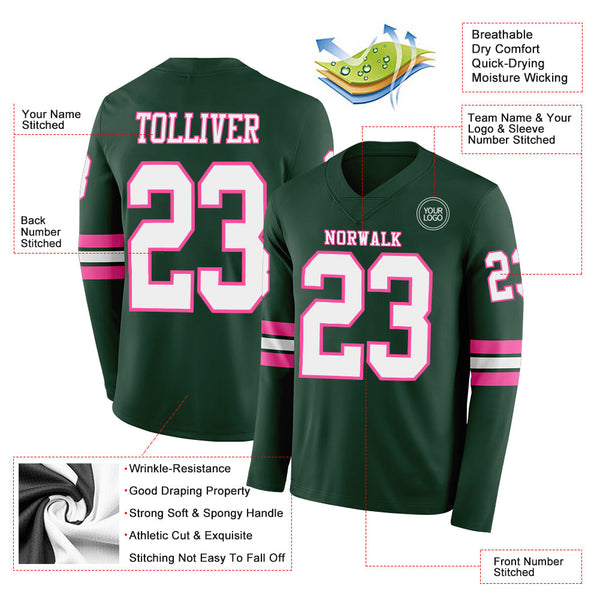 Custom Green White-Pink Long Sleeve Authentic Football Jersey alternate