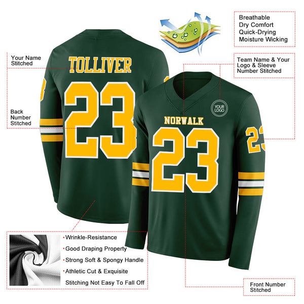 Custom Green Gold-White Long Sleeve Authentic Football Jersey alternate