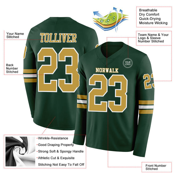 Custom Green Old Gold-White Long Sleeve Authentic Football Jersey alternate