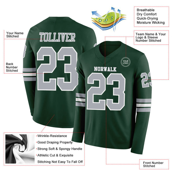 Custom Green Gray-White Long Sleeve Authentic Football Jersey alternate