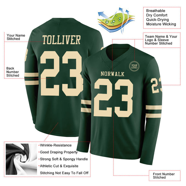 Custom Green Cream Long Sleeve Authentic Football Jersey alternate