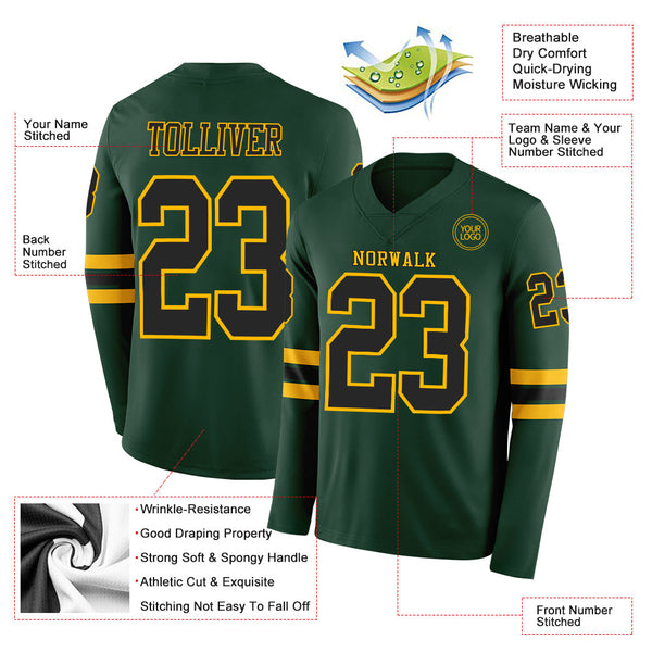 Custom Green Black-Gold Long Sleeve Authentic Football Jersey alternate