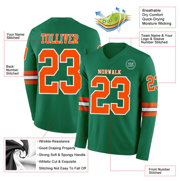 Custom Kelly Green Orange-White Long Sleeve Authentic Football Jersey alternate