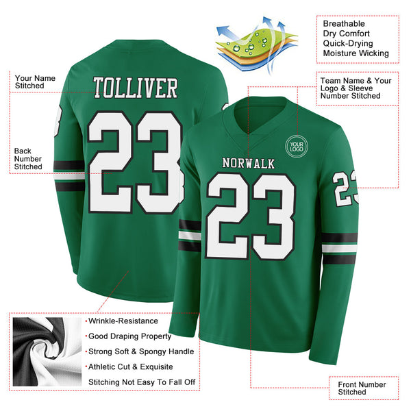 Custom Kelly Green White-Black Long Sleeve Authentic Football Jersey alternate