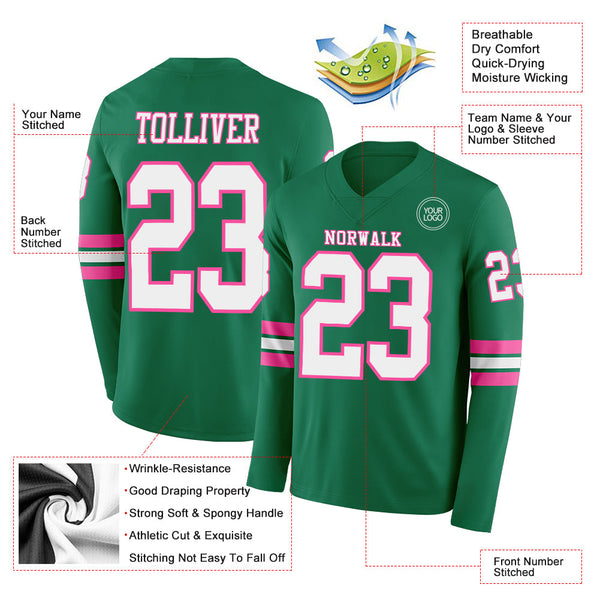 Custom Kelly Green White-Pink Long Sleeve Authentic Football Jersey alternate