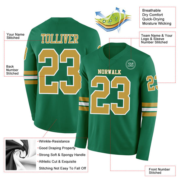 Custom Kelly Green Old Gold-White Long Sleeve Authentic Football Jersey alternate