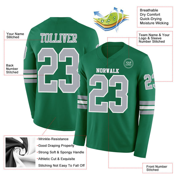 Custom Kelly Green Gray-White Long Sleeve Authentic Football Jersey alternate