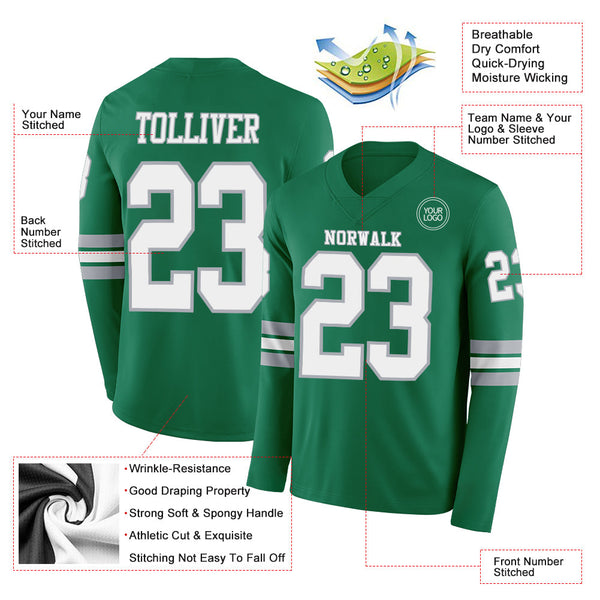 Custom Kelly Green White-Gray Long Sleeve Authentic Football Jersey alternate