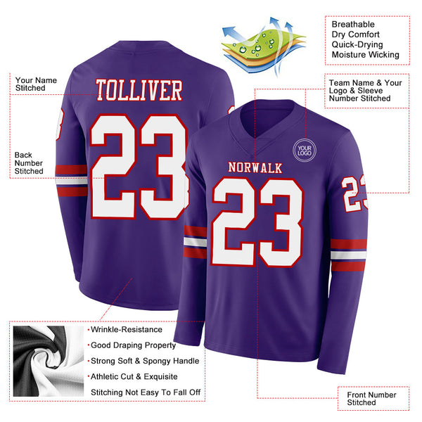 Custom Purple White-Red Long Sleeve Authentic Football Jersey alternate