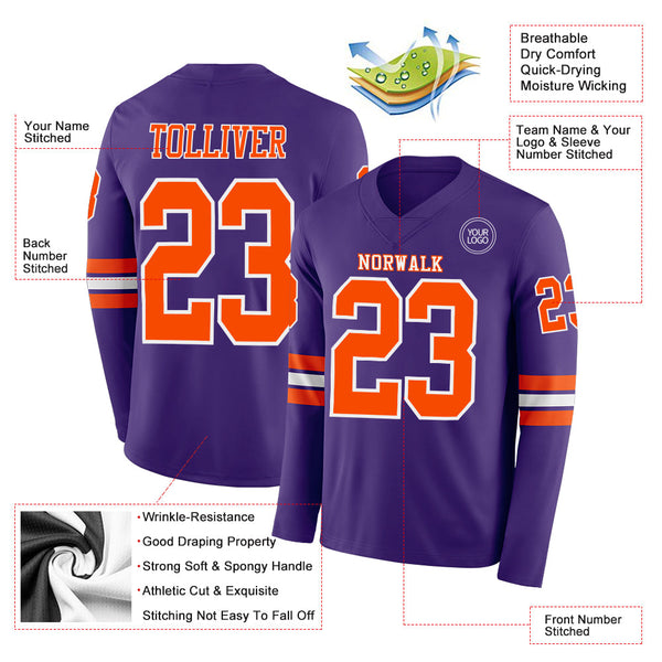 Custom Purple Orange-White Long Sleeve Authentic Football Jersey alternate
