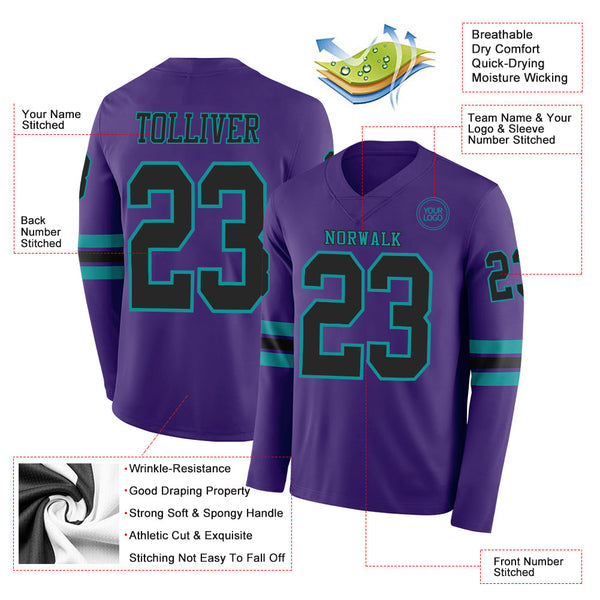 Custom Purple Black-Teal Long Sleeve Authentic Football Jersey alternate