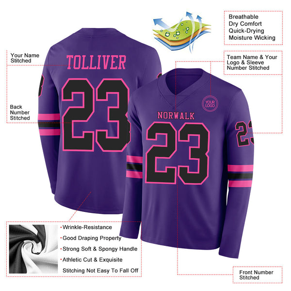 Custom Purple Black-Pink Long Sleeve Authentic Football Jersey alternate