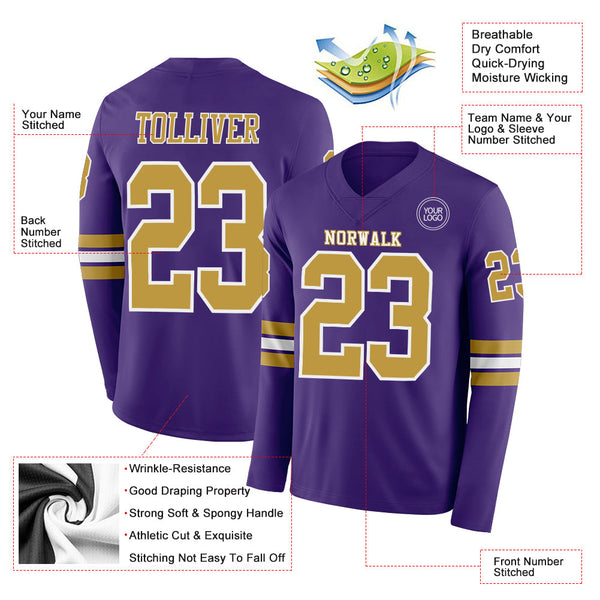 Custom Purple Old Gold-White Long Sleeve Authentic Football Jersey alternate