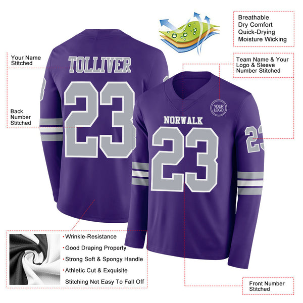 Custom Purple Gray-White Long Sleeve Authentic Football Jersey alternate