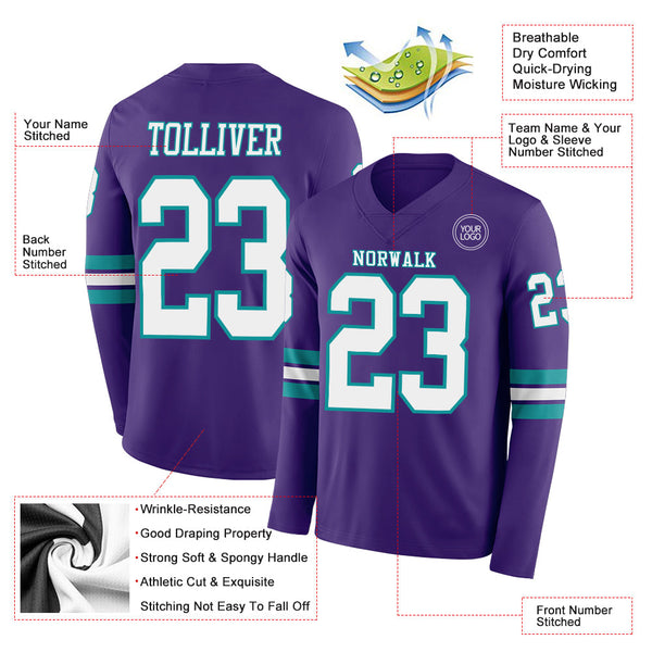 Custom Purple White-Teal Long Sleeve Authentic Football Jersey alternate
