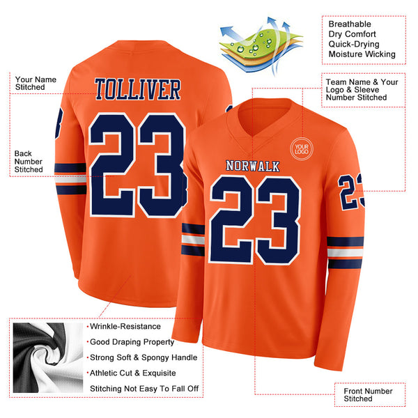 Custom Orange Navy-White Long Sleeve Authentic Football Jersey alternate