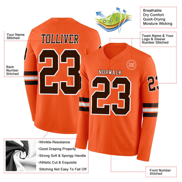 Custom Orange Brown-White Long Sleeve Authentic Football Jersey alternate