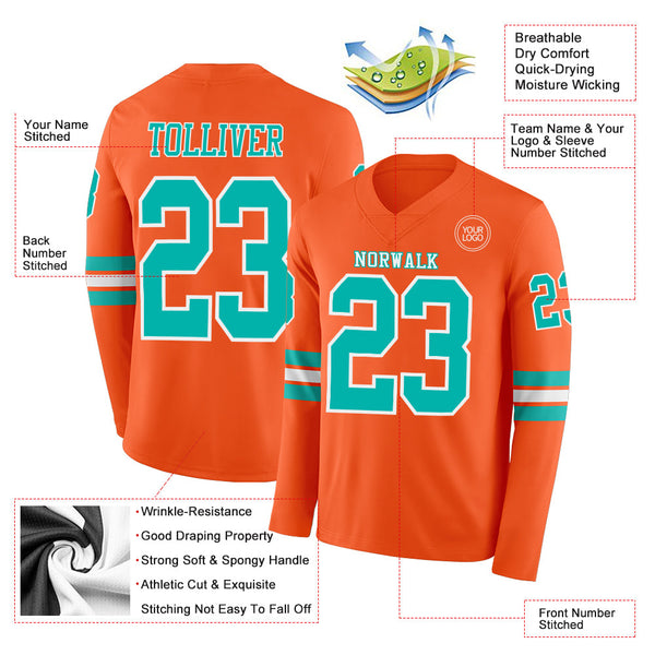 Custom Orange Aqua-White Long Sleeve Authentic Football Jersey alternate