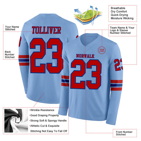 Custom Light Blue Red-Royal Long Sleeve Authentic Football Jersey alternate