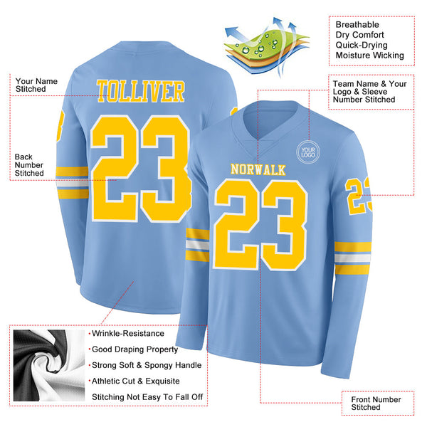 Custom Light Blue Yellow-White Long Sleeve Authentic Football Jersey alternate