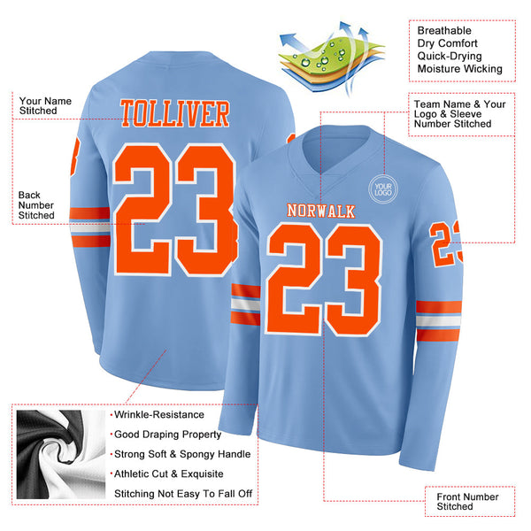 Custom Light Blue Orange-White Long Sleeve Authentic Football Jersey alternate
