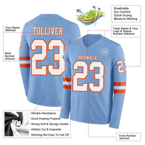 Custom Light Blue White-Orange Long Sleeve Authentic Football Jersey alternate