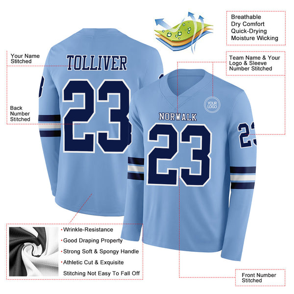 Custom Light Blue Navy-White Long Sleeve Authentic Football Jersey alternate