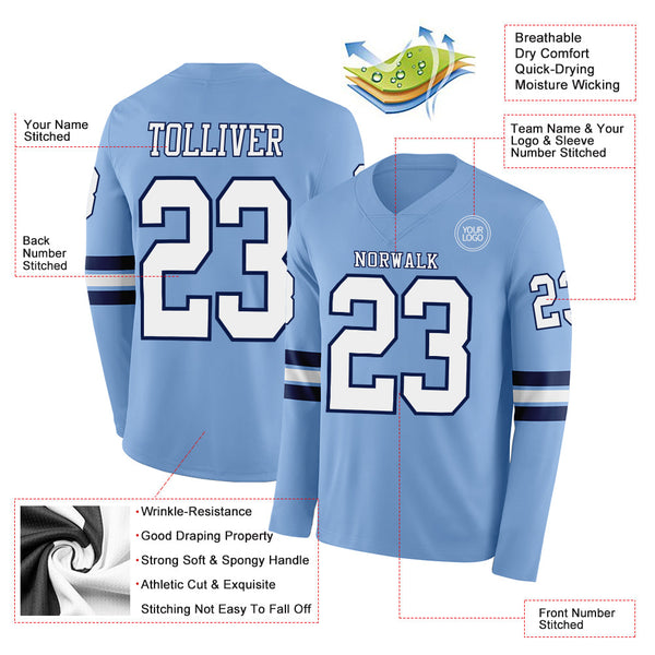 Custom Light Blue White-Navy Long Sleeve Authentic Football Jersey alternate