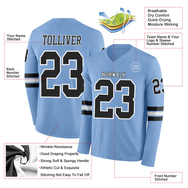 Custom Light Blue Black-White Long Sleeve Authentic Football Jersey alternate