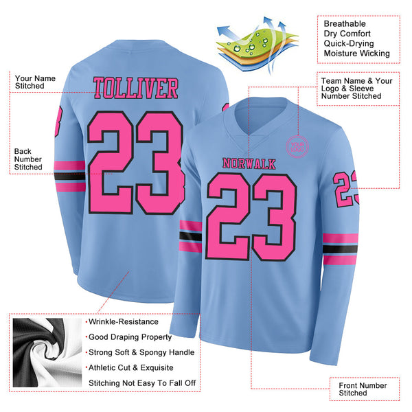 Custom Light Blue Pink-Black Long Sleeve Authentic Football Jersey alternate