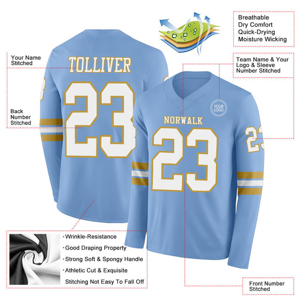 Custom Light Blue White-Old Gold Long Sleeve Authentic Football Jersey alternate
